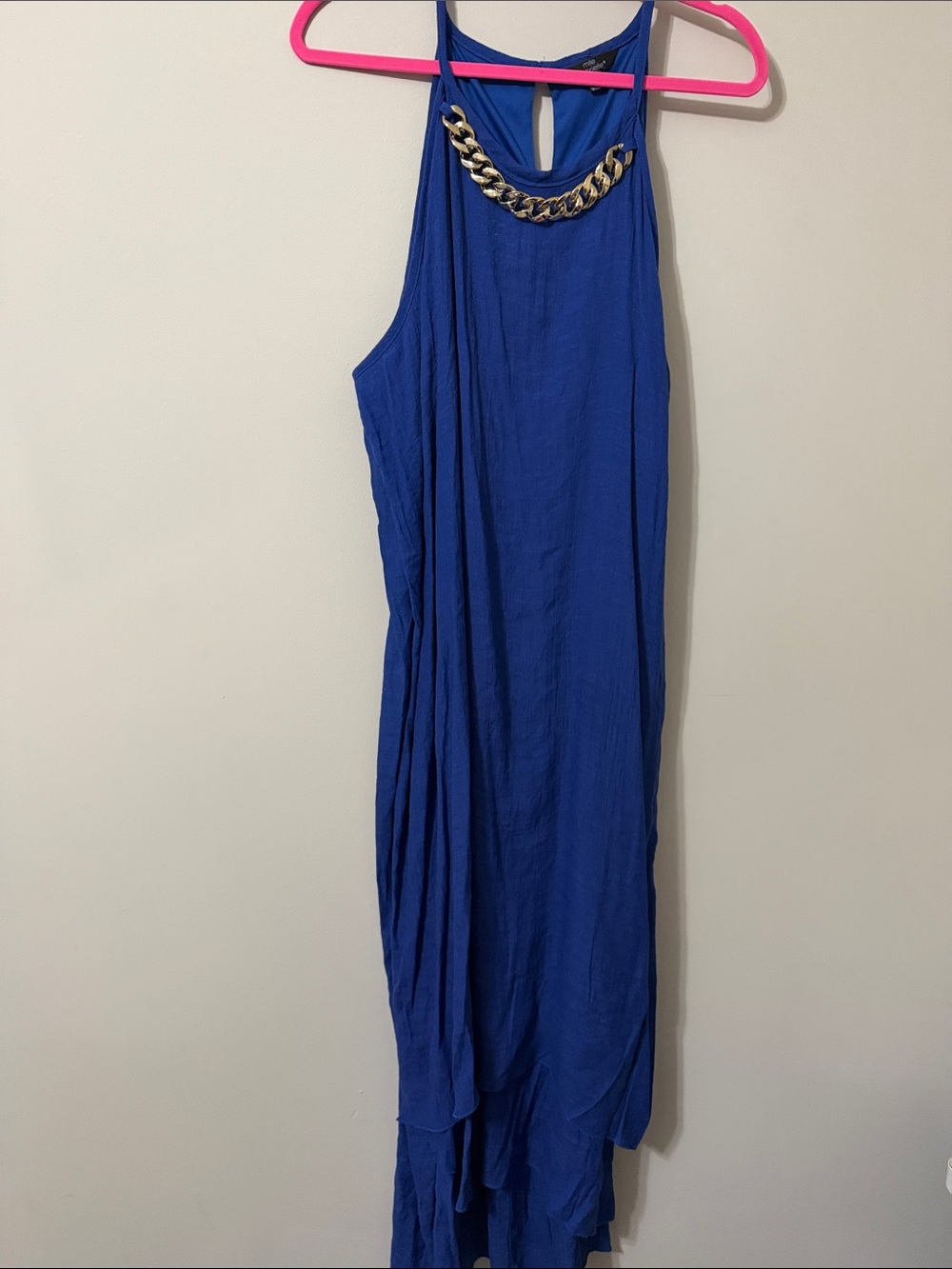 Mlle Gabrielle Royal Blue Asymmetrical Maxi Dress with Gold Chain